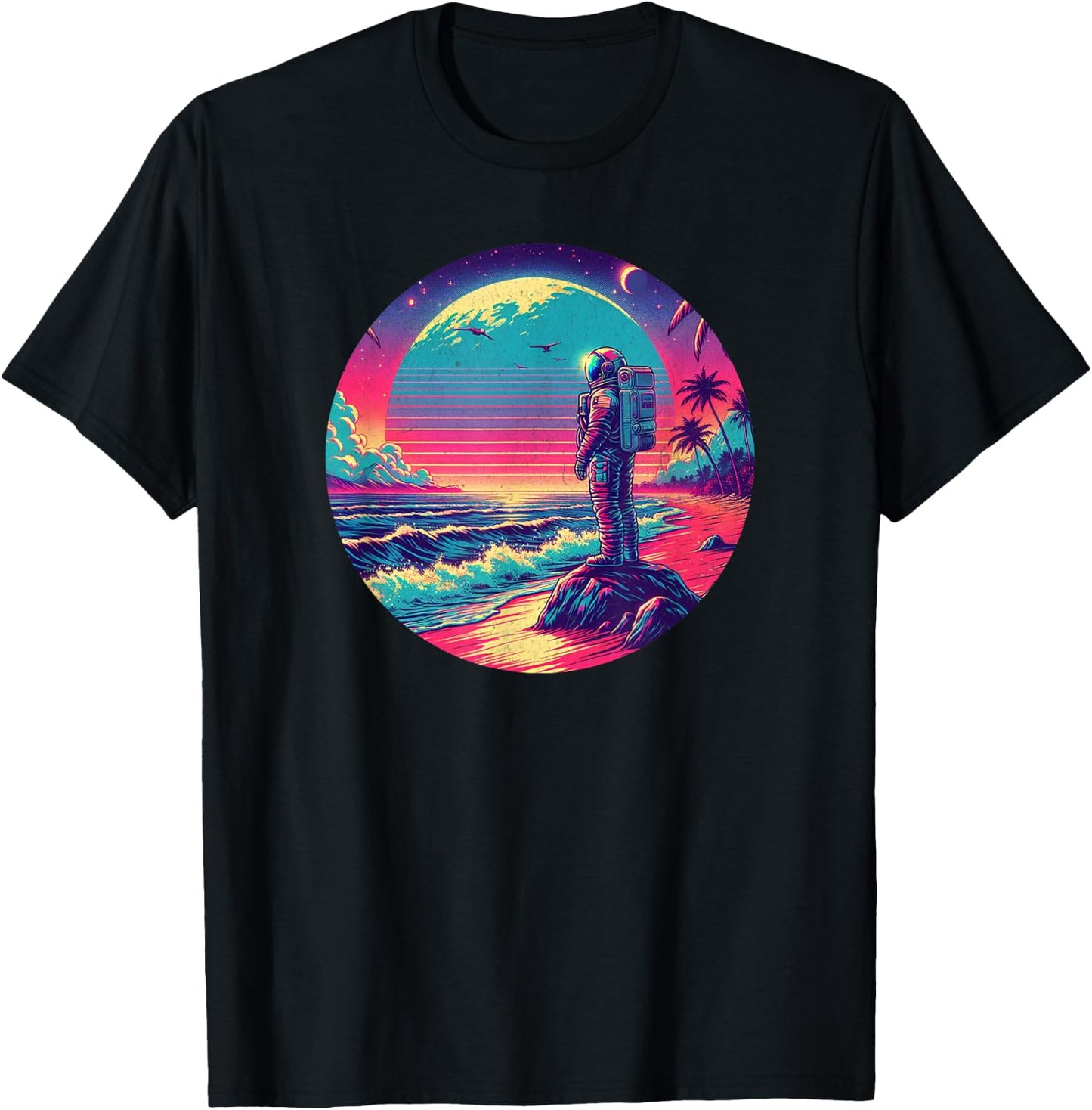 Synthwave Astronaut on the Beach, 1980s Retro T-Shirt - T-Shirt | Black