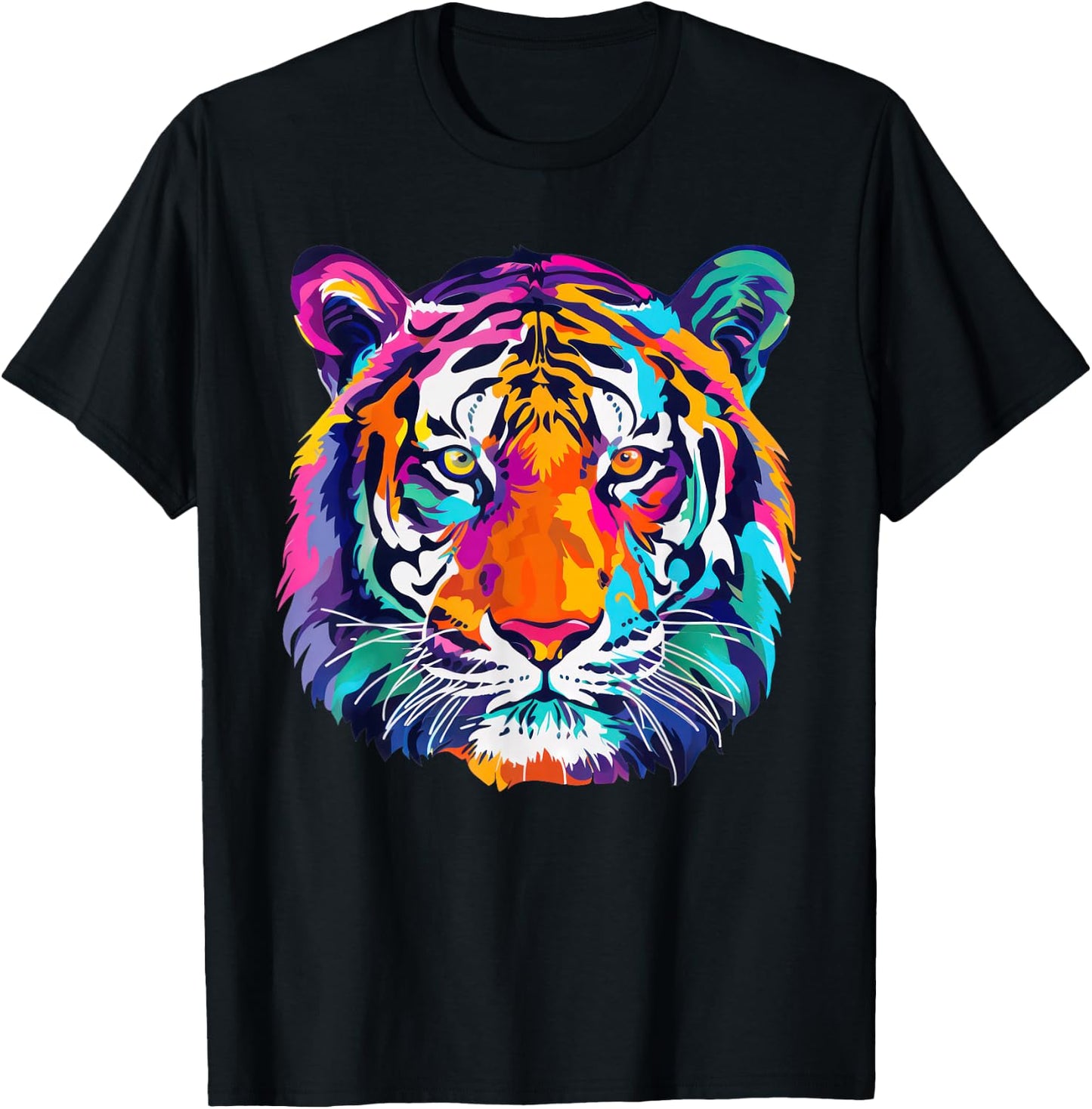tigerco. Colorful Tiger Graphic , Black, Small, Short Sleeve, Classic Fit T-Shirt - T-Shirt | Black