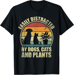 Easily Distracted By Dogs, Cats And Plants. Plant Cat Lover T-Shirt - T-Shirt | Black