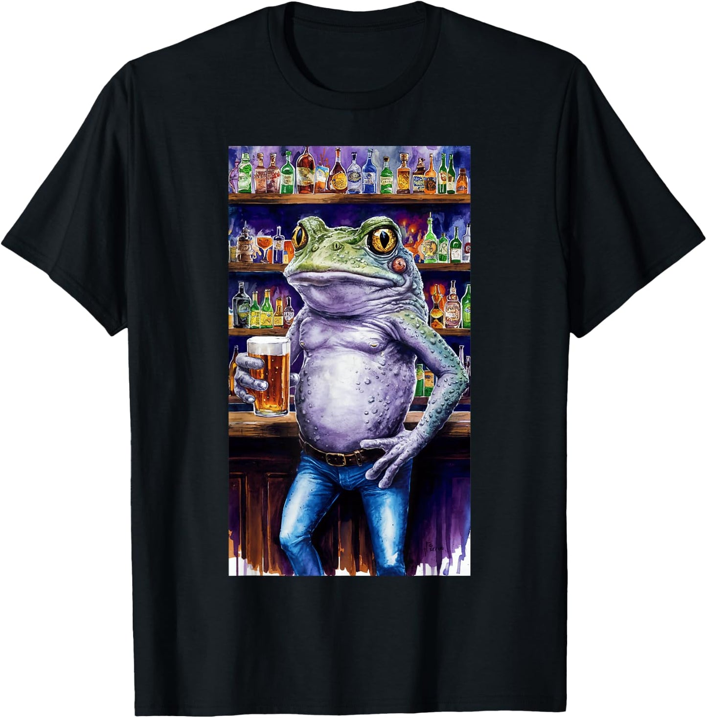 Frog Standing In A Bar Holding A Beer Adult Image T-Shirt - T-Shirt | Black
