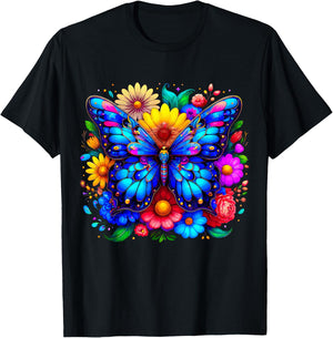 Butterfly and Flowers T-Shirt - T-Shirt | Black
