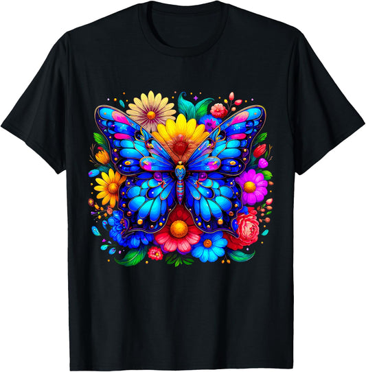 Butterfly and Flowers T-Shirt - T-Shirt | Black