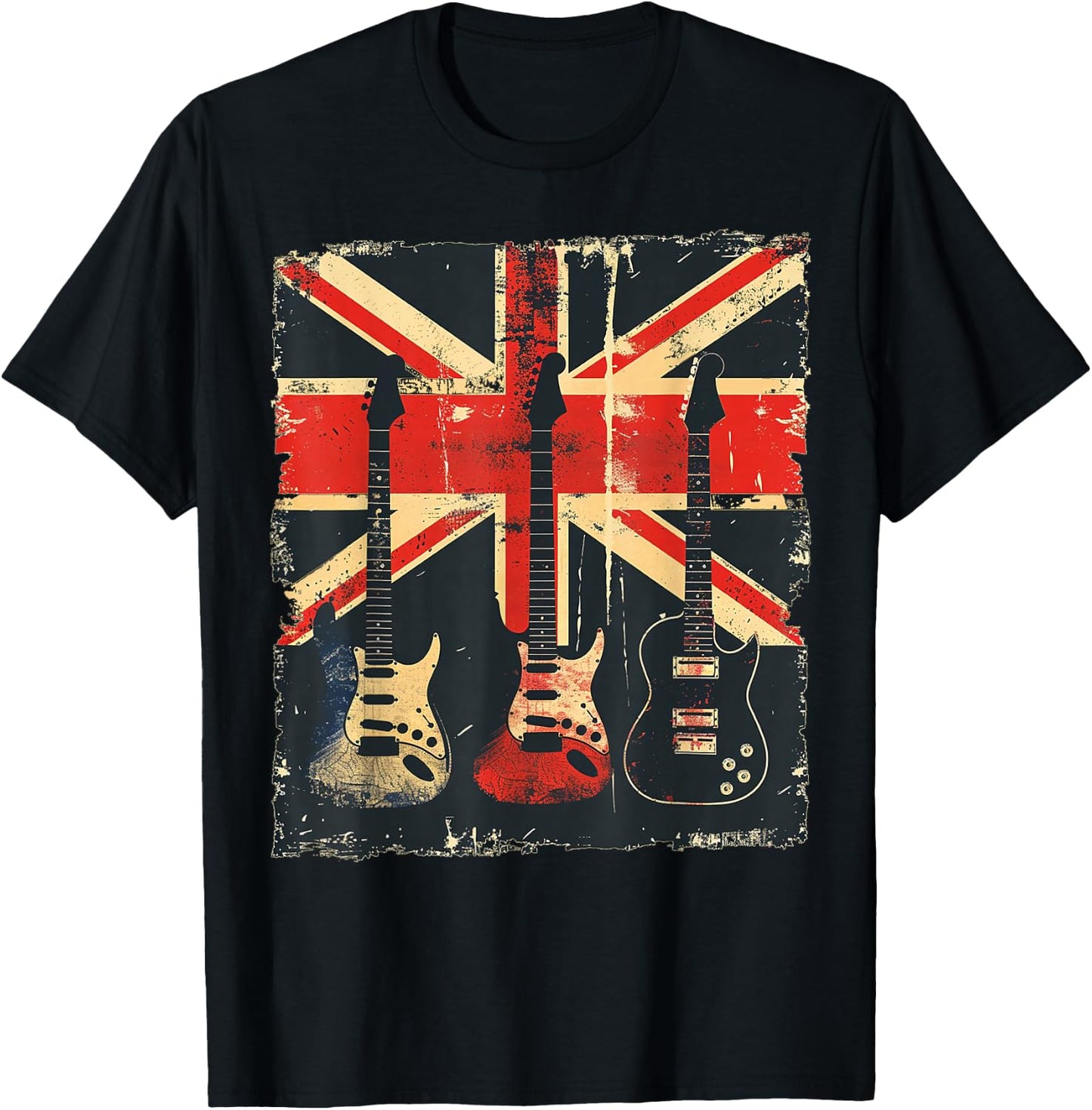 Vintage Guitar British Jack Union Flag Rock Guitarist T-Shirt - T-Shirt | Black