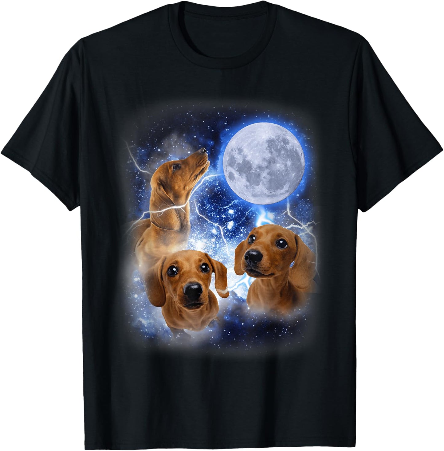 Three Dachshund Moon - Wiener Dog Humorous Doggo Meme Parody T-Shirt - T-Shirt | Black