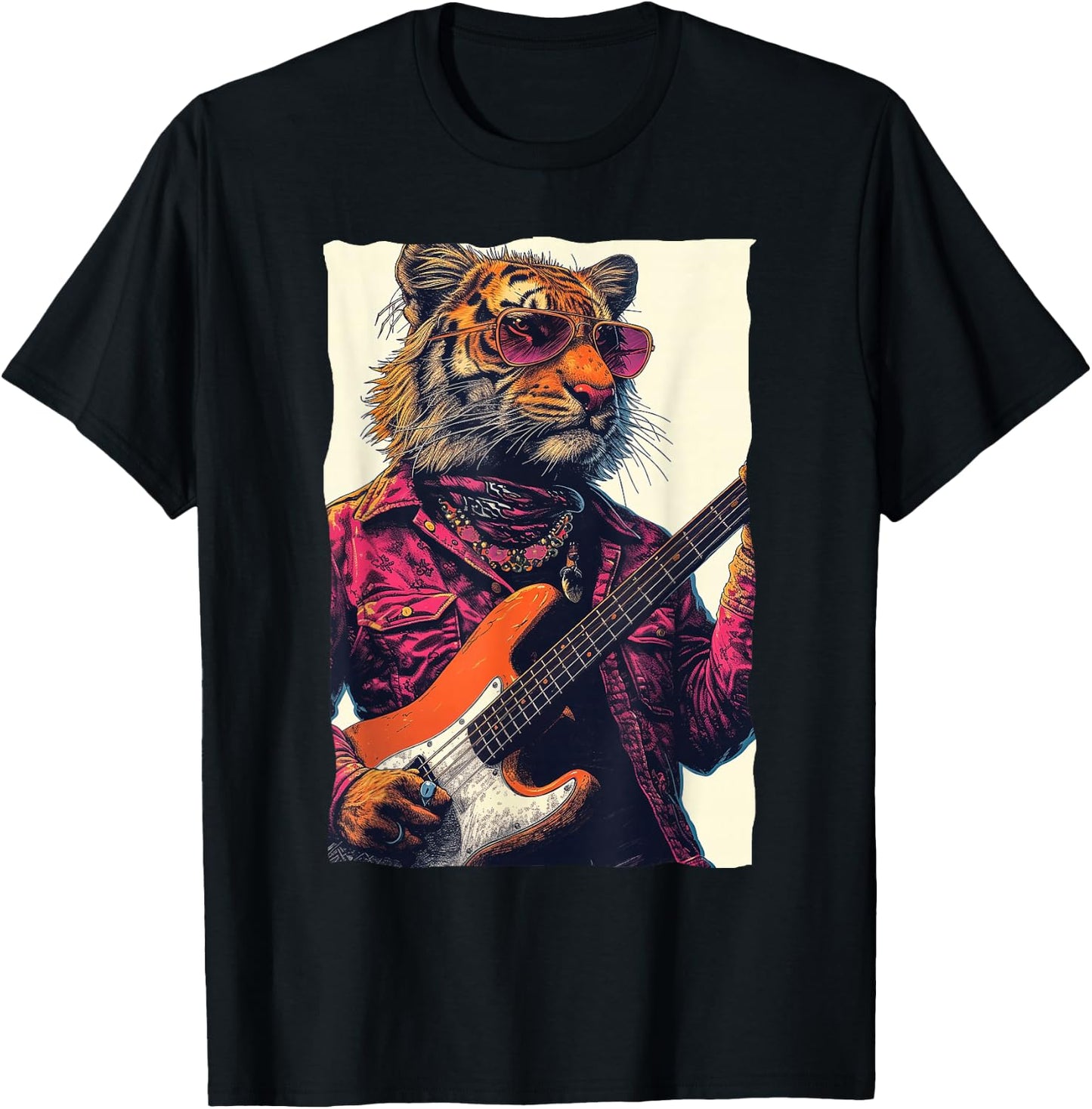 Cool Tiger Playing Guitar Retro Music lover T-Shirt - T-Shirt | Black