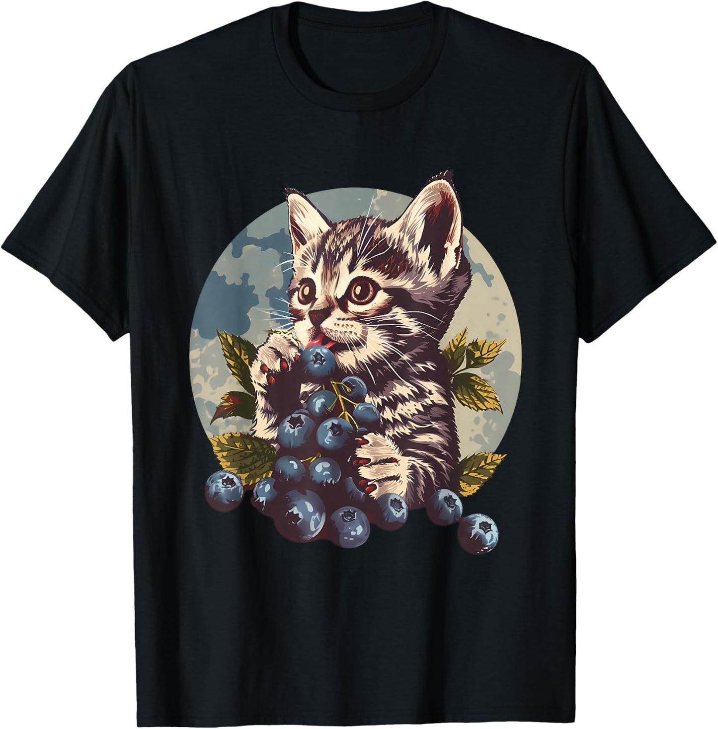 Blueberry Cat Blueberries Portrait Watercolor Animal Art T-Shirt - T-Shirt | Black
