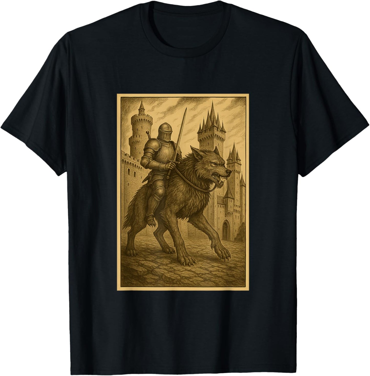 Medieval Knight Riding a Werewolf Fantasy Art Surreal Rider T-Shirt - T-Shirt | Black