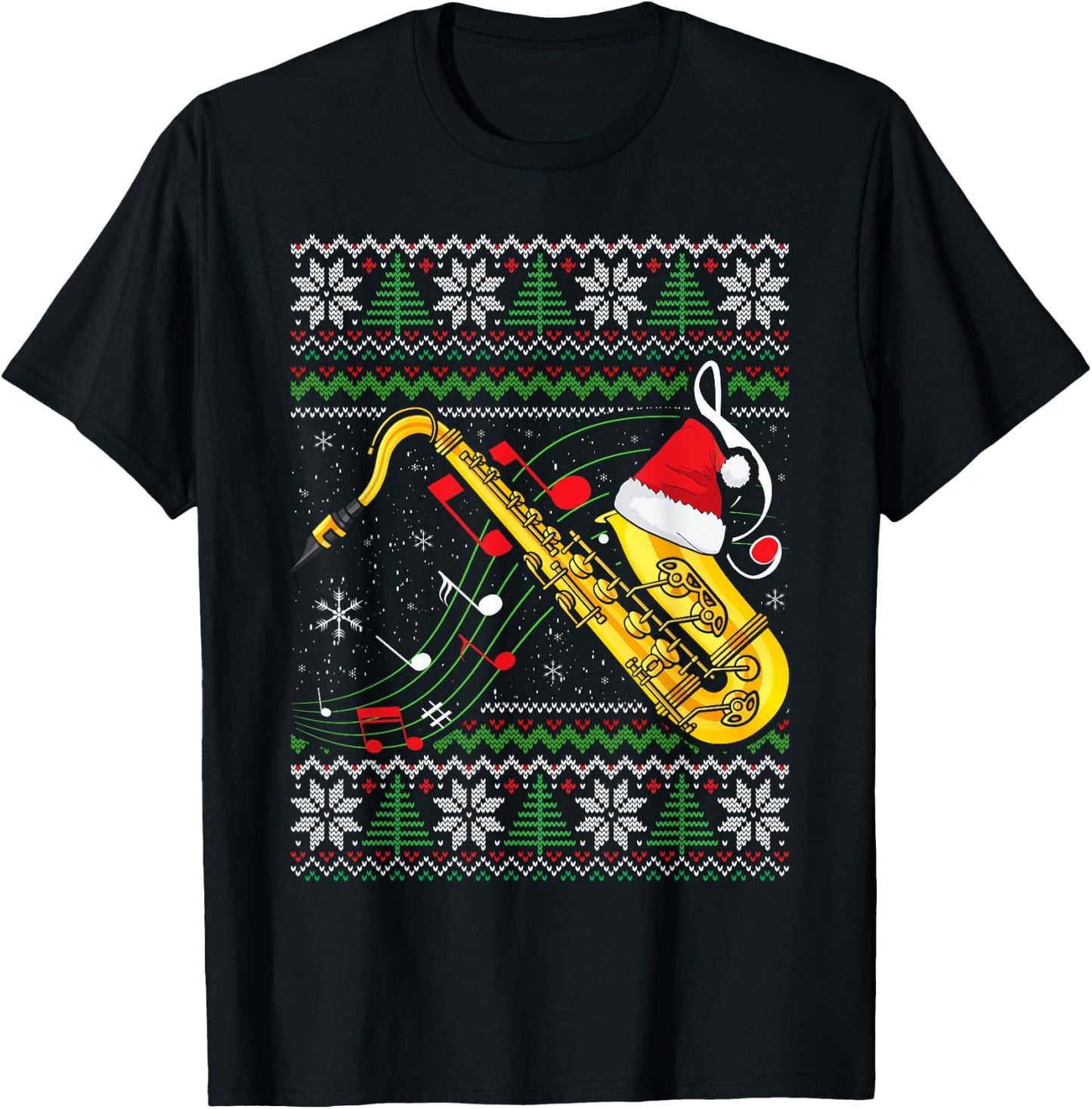 Saxophone Music Lover Xmas Ugly Saxophone Christmas T-Shirt - T-Shirt | Black