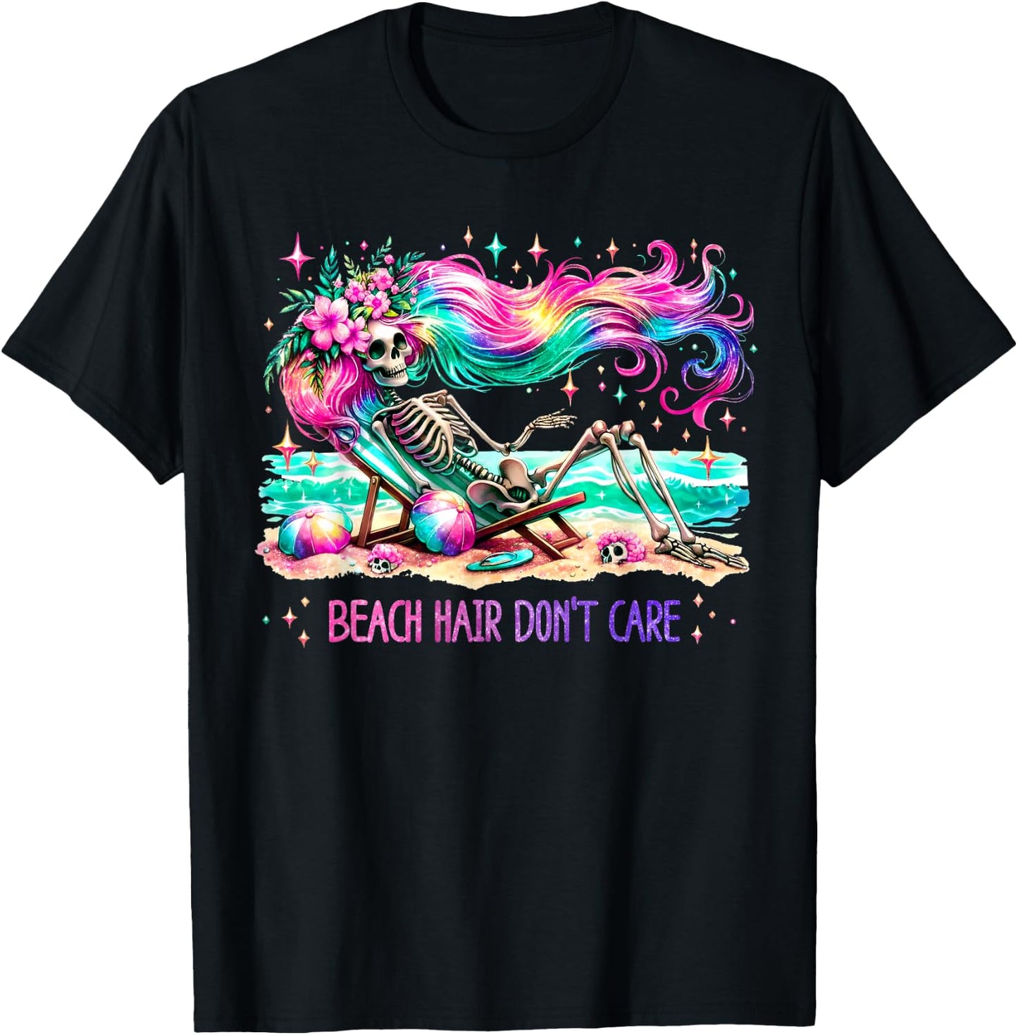 Beach Hair Don't Care Skeleton Woman Summer Vacation Hawaii T-Shirt - T-Shirt | Black