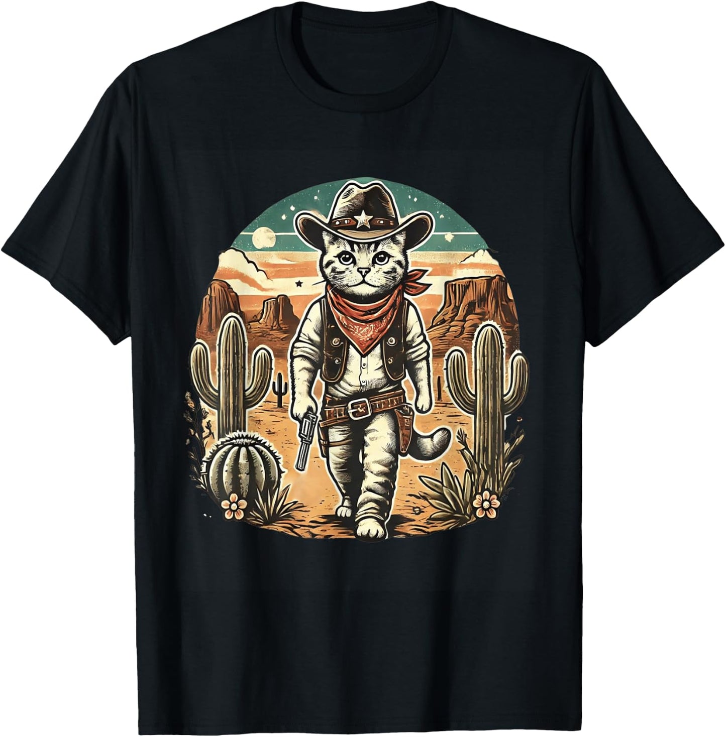 Meowdy Cat Funny Texas Cat Vintage Country Music Cat Cowboy T-Shirt - T-Shirt | Black