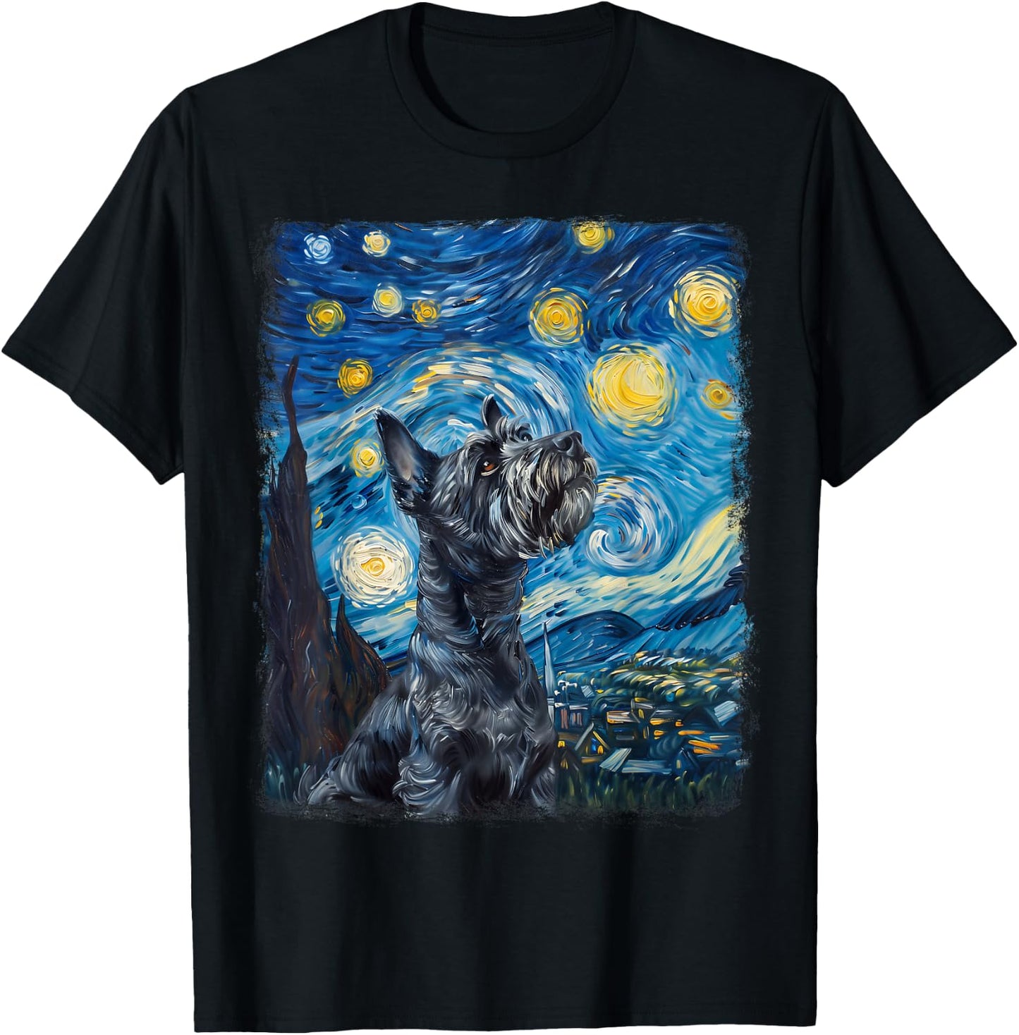 Schnauzer Dog Starry Night Painting T-Shirt - T-Shirt | Black