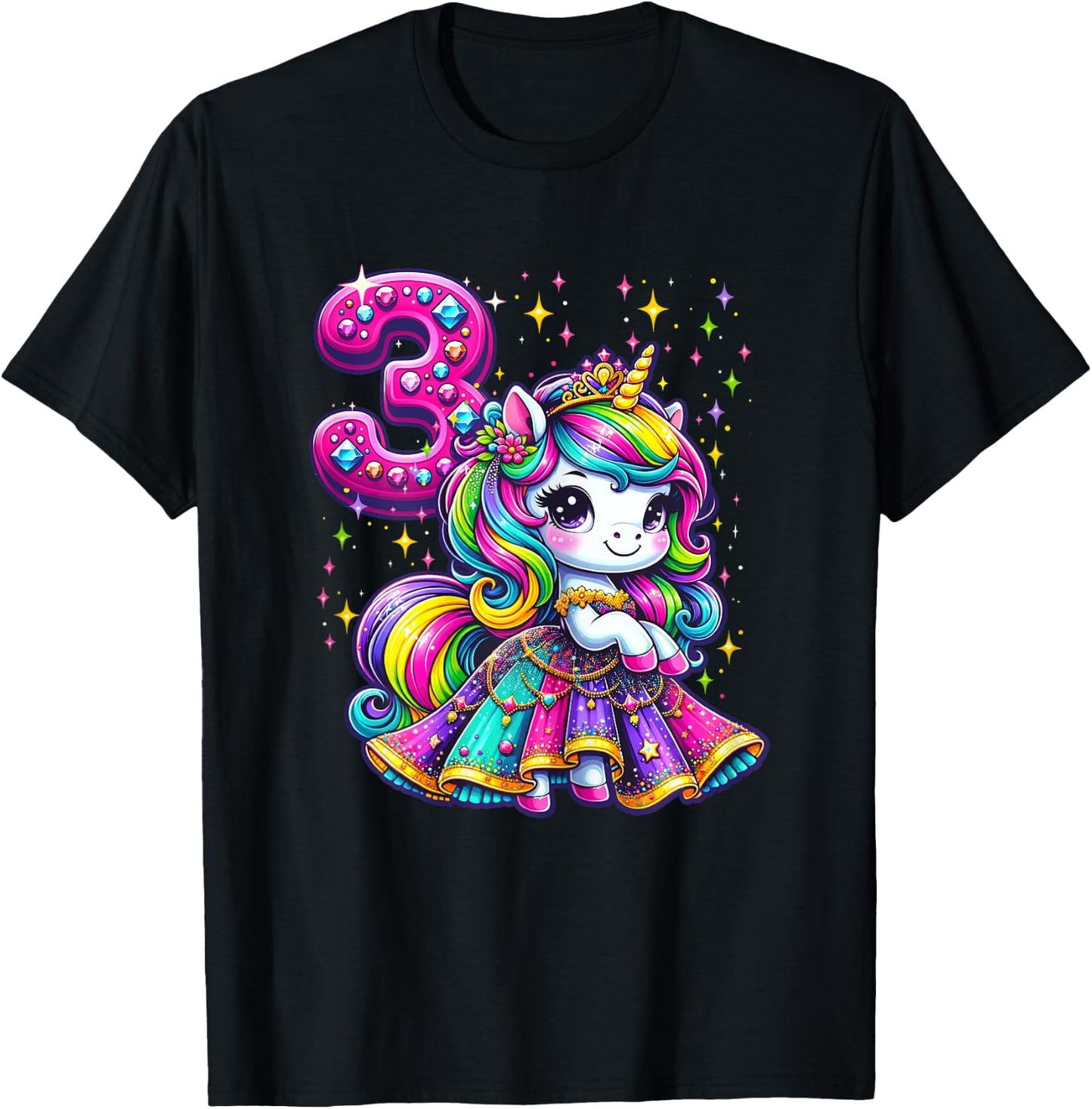 Unicorn Princess 3rd Birthday 3 Year Old Party Girls Outfit T-Shirt - T-Shirt | Black