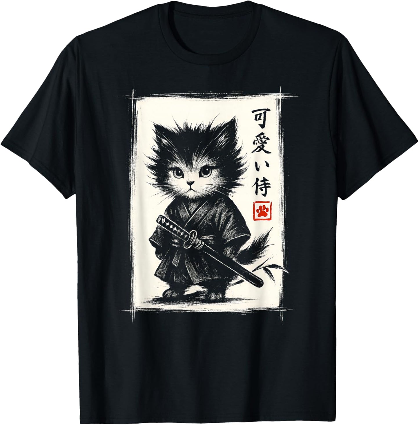 Cute Samurai Cat Japanese Art Funny Kawaii Cat T-Shirt - T-Shirt | Black