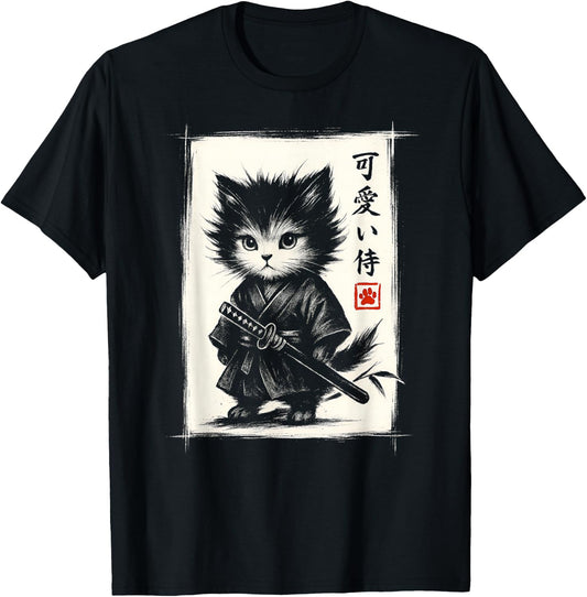 Cute Samurai Cat Japanese Art Funny Kawaii Cat T-Shirt - T-Shirt | Black