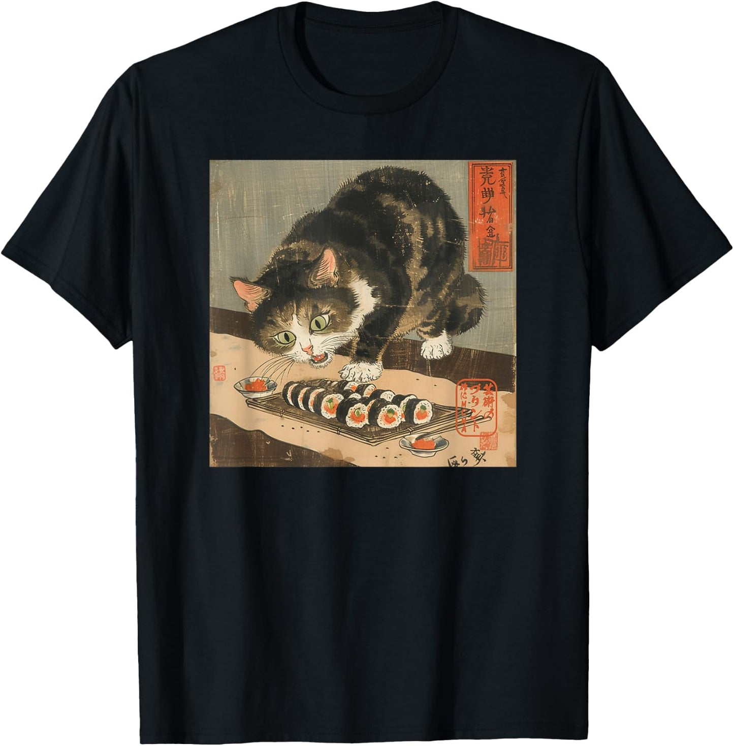 Sushi Cat – Japanese Retro Art Print for Foodie and Cat Love Women Kids T-Shirt - T-Shirt | Black