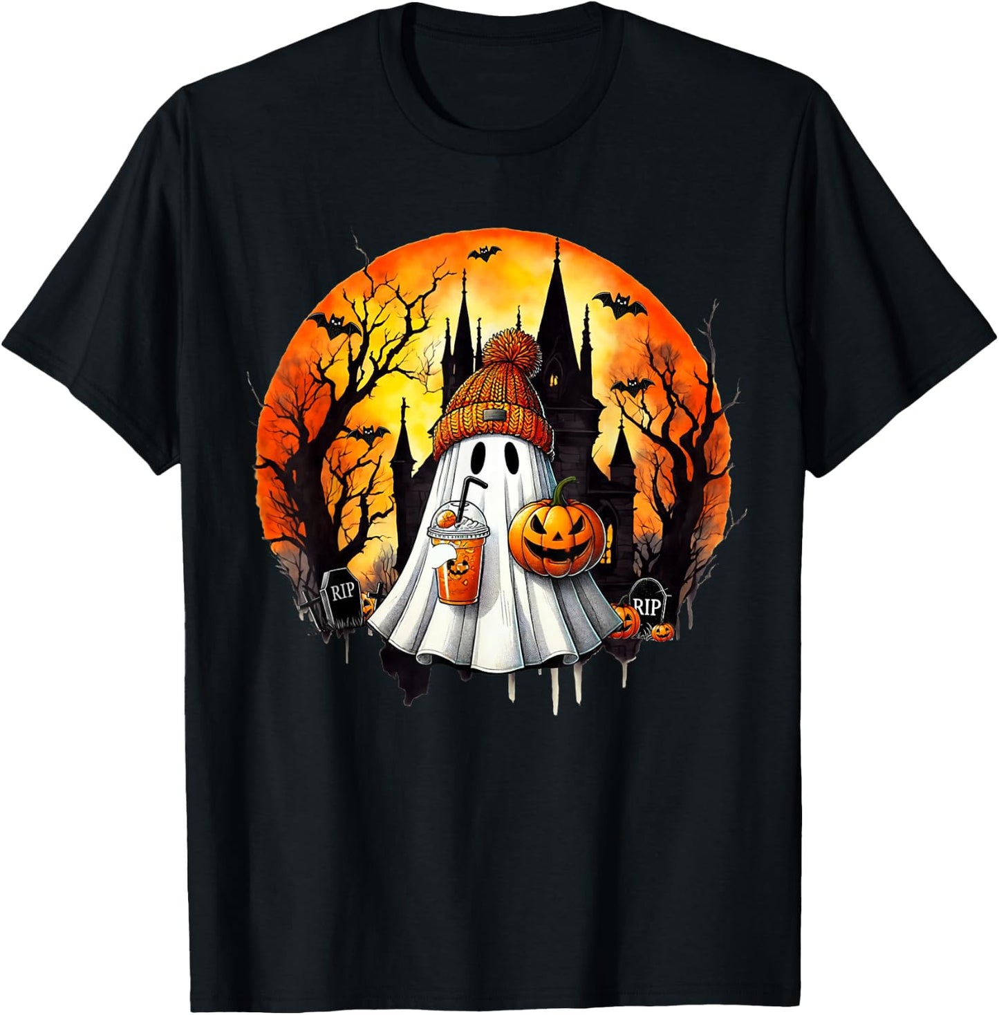 Cute Ghost Drinking Coffee Halloween Ghost Ice Coffee T-Shirt - T-Shirt | Black