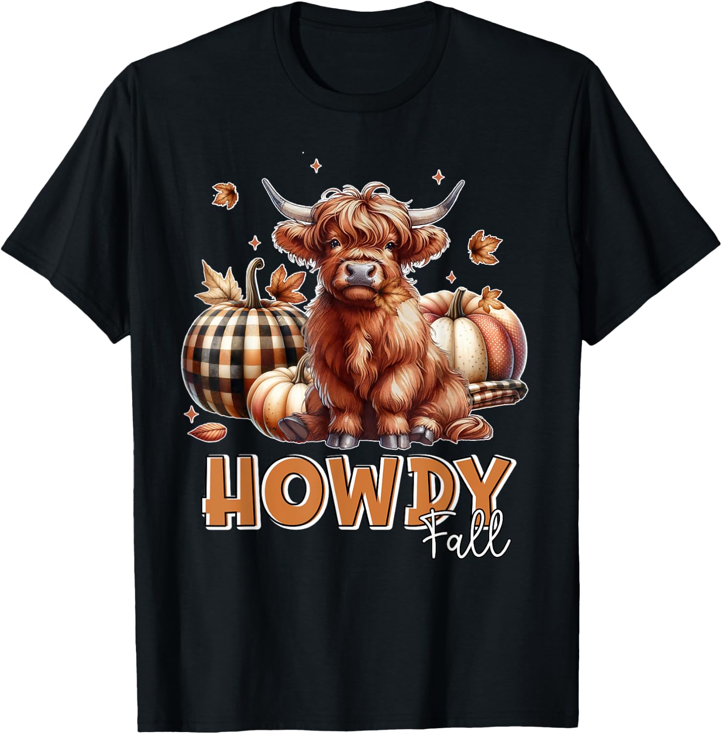 Howdy Fall Western Farm Country Highland Cow Autumn Pumpkin T-Shirt - T-Shirt | Black