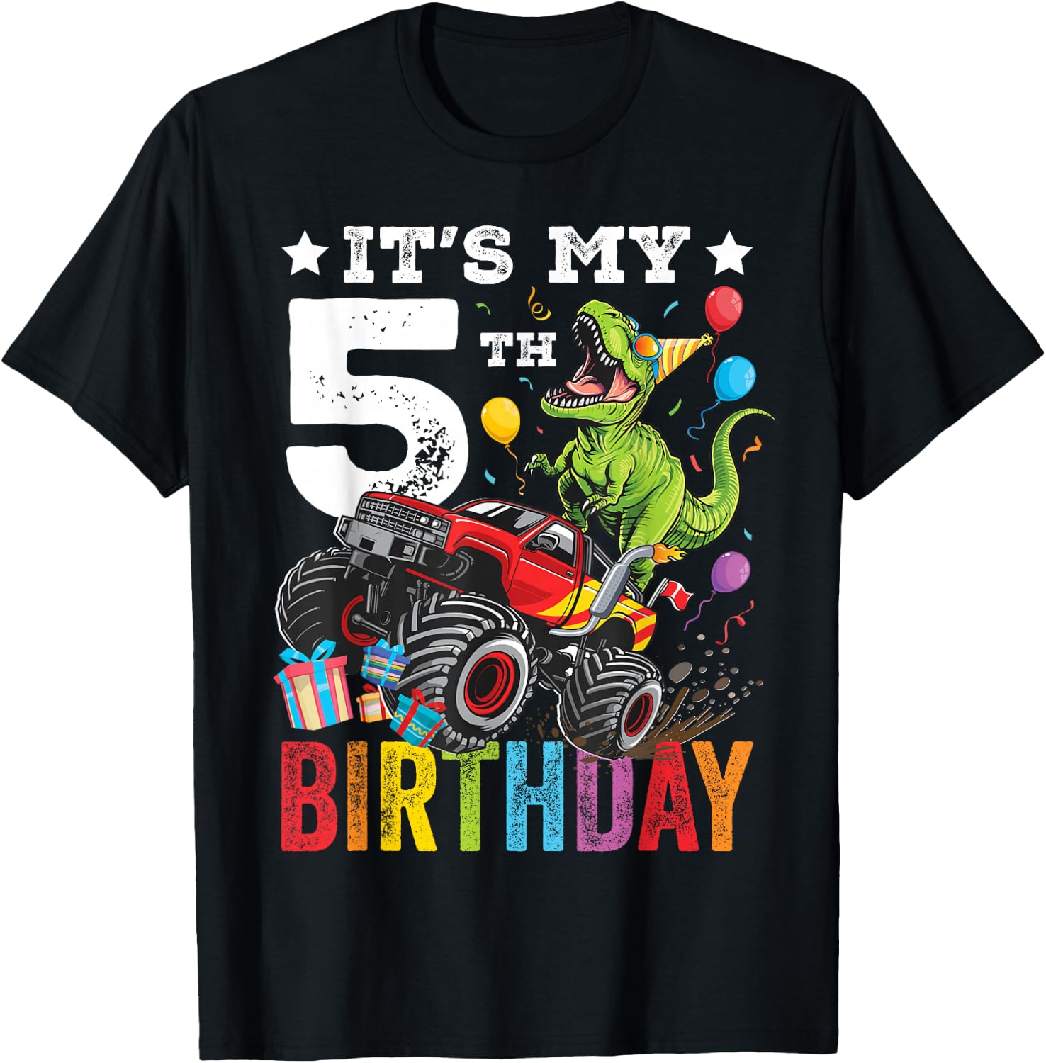 Five 5th Birthday Dinosaur Monster Truck T-Shirt - T-Shirt | Black