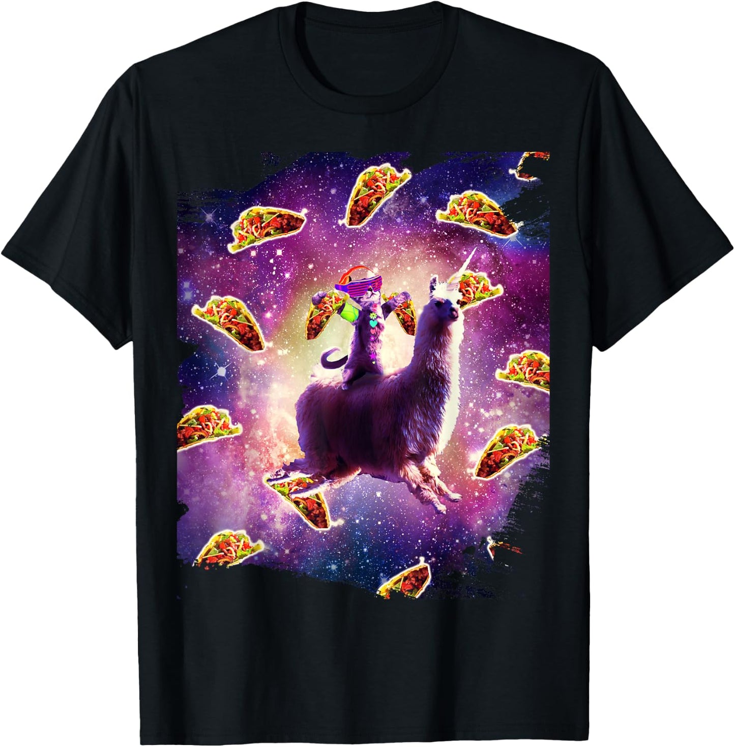 Rave Space Cat On Llama Unicorn - Taco T-Shirt - T-Shirt | Black