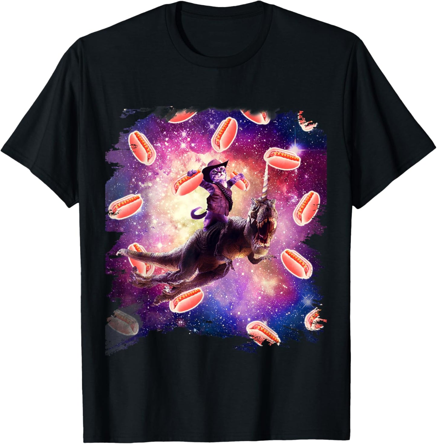 Cowboy Space Cat On Dinosaur Unicorn - Hotdog T-Shirt - T-Shirt | Black