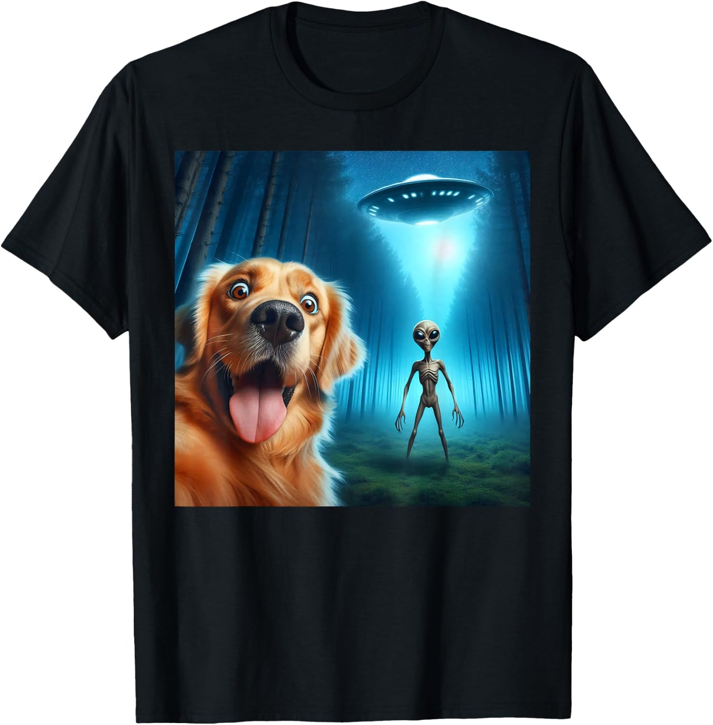 Golden Retriever Selfie Alien UFO Funny T-Shirt - T-Shirt | Black