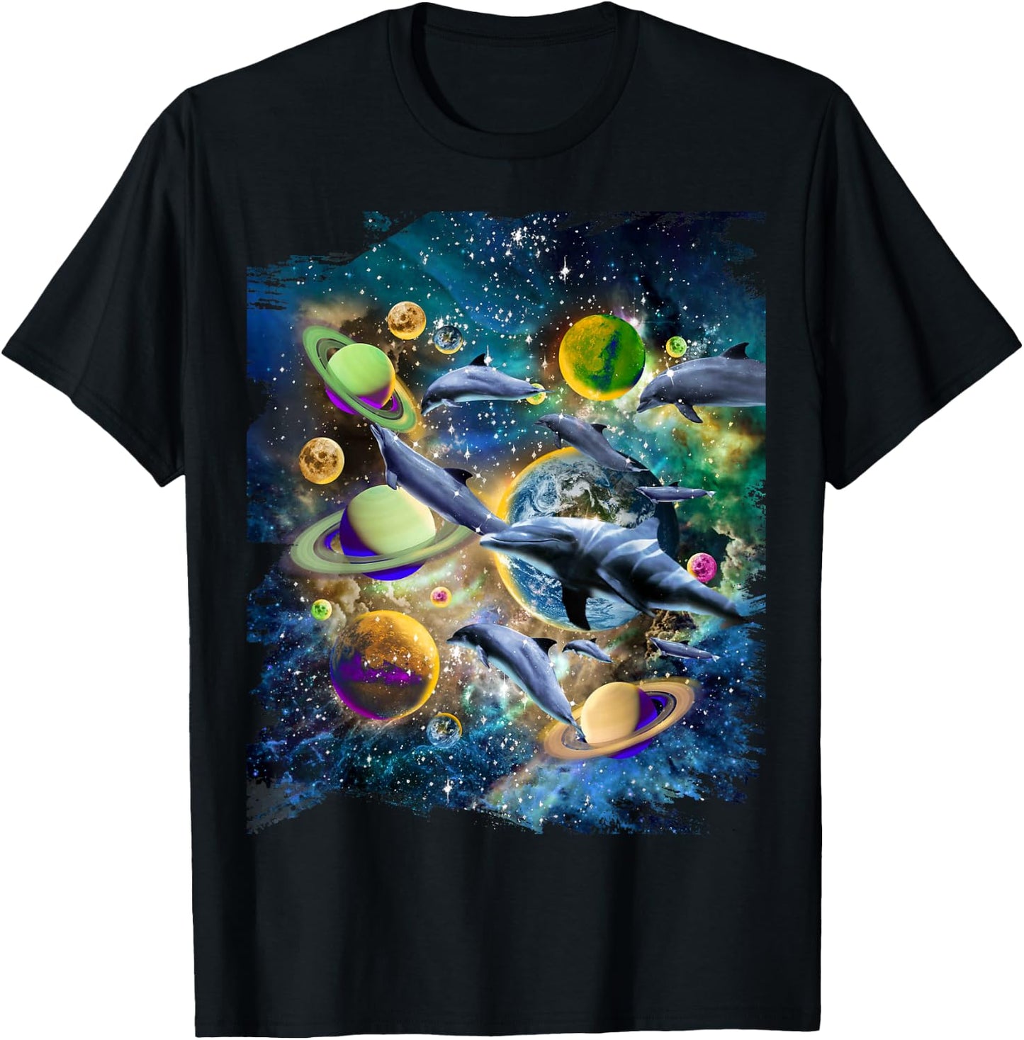 Celestial Space Dolphin, Space Planets Galaxy Dolphins T-Shirt - T-Shirt | Black