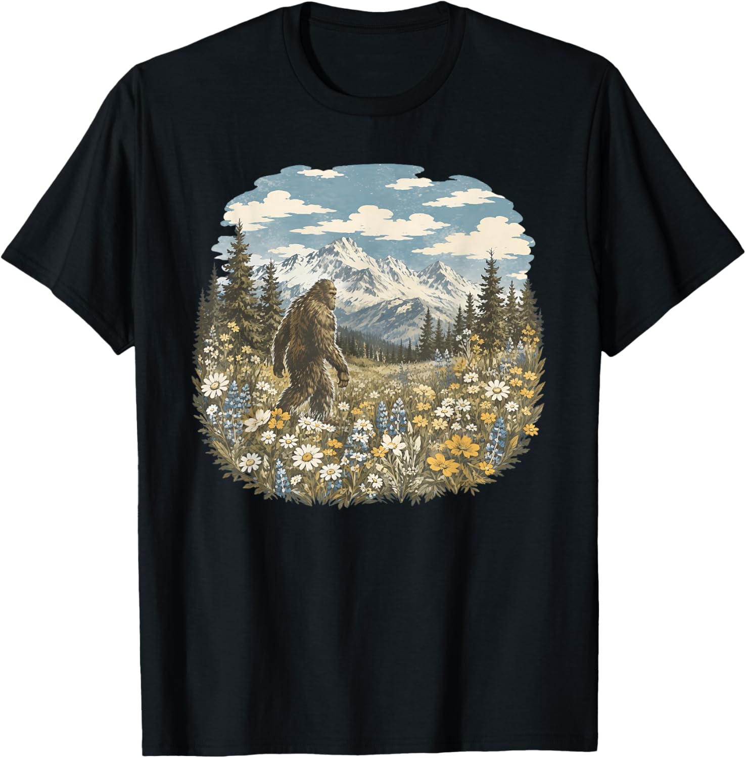 Vintage Sasquatch Floral Bigfoot Walks in A Field of Flowers T-Shirt - T-Shirt | Black