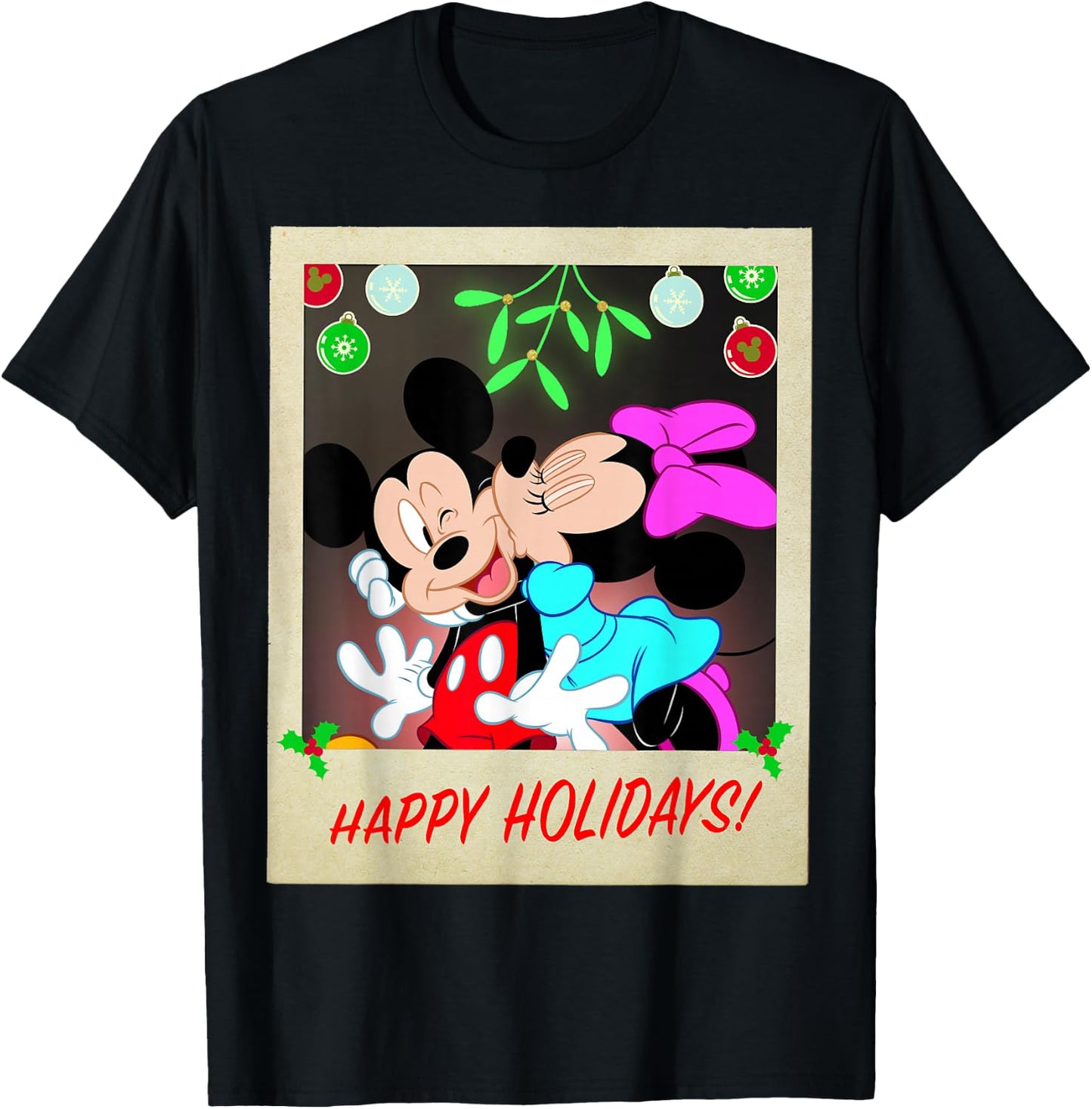 Disney Mickey And Minnie Happy Holidays Christmas Portrait T-Shirt - T-Shirt | Black