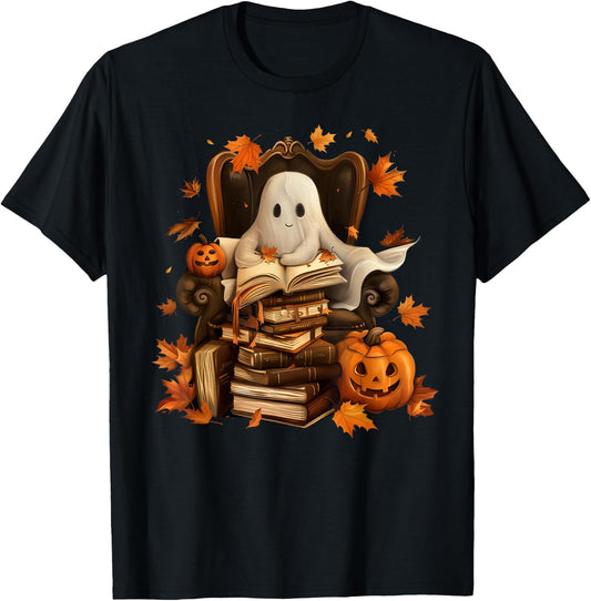 Vintage Ghost Book Reading Pumpkin Gothic Halloween Teachers T-Shirt - T-Shirt | Black