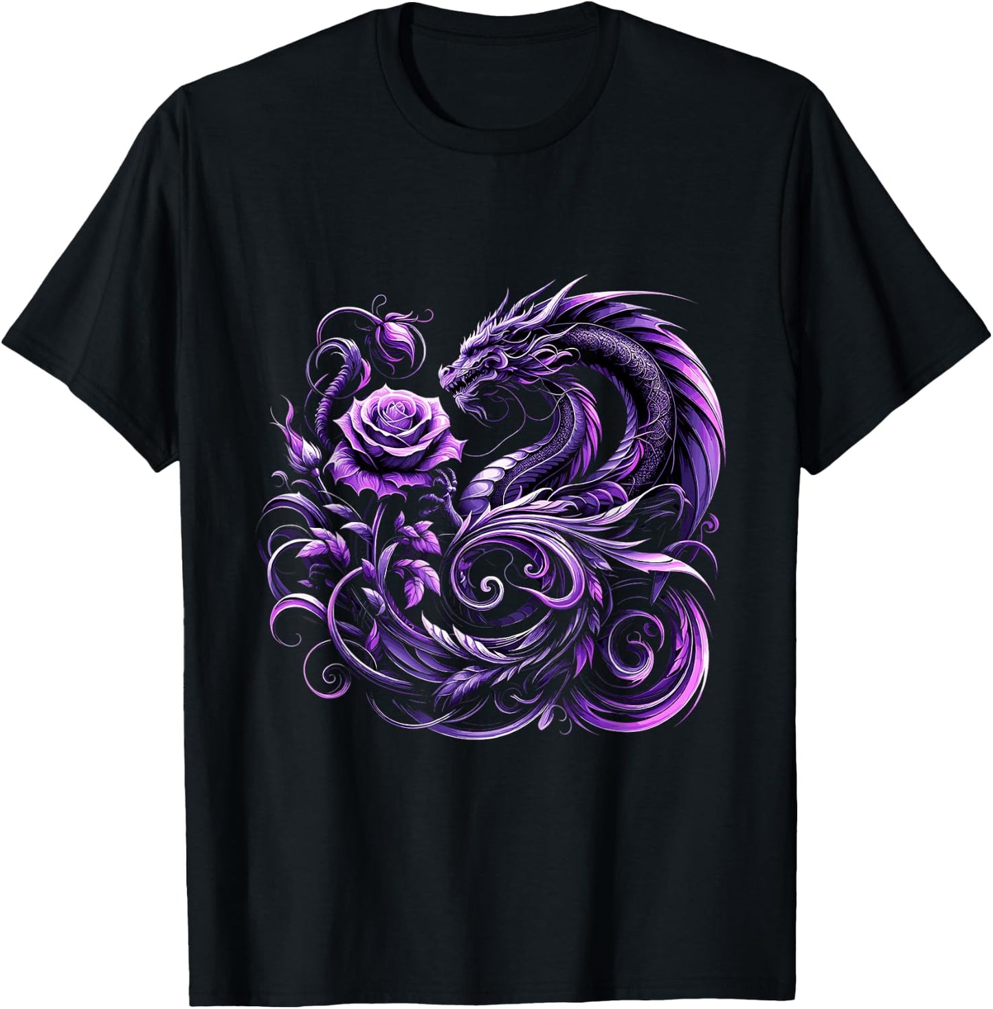 Purple Dragon and Purple Rose Fantasy T-Shirt - T-Shirt | Black