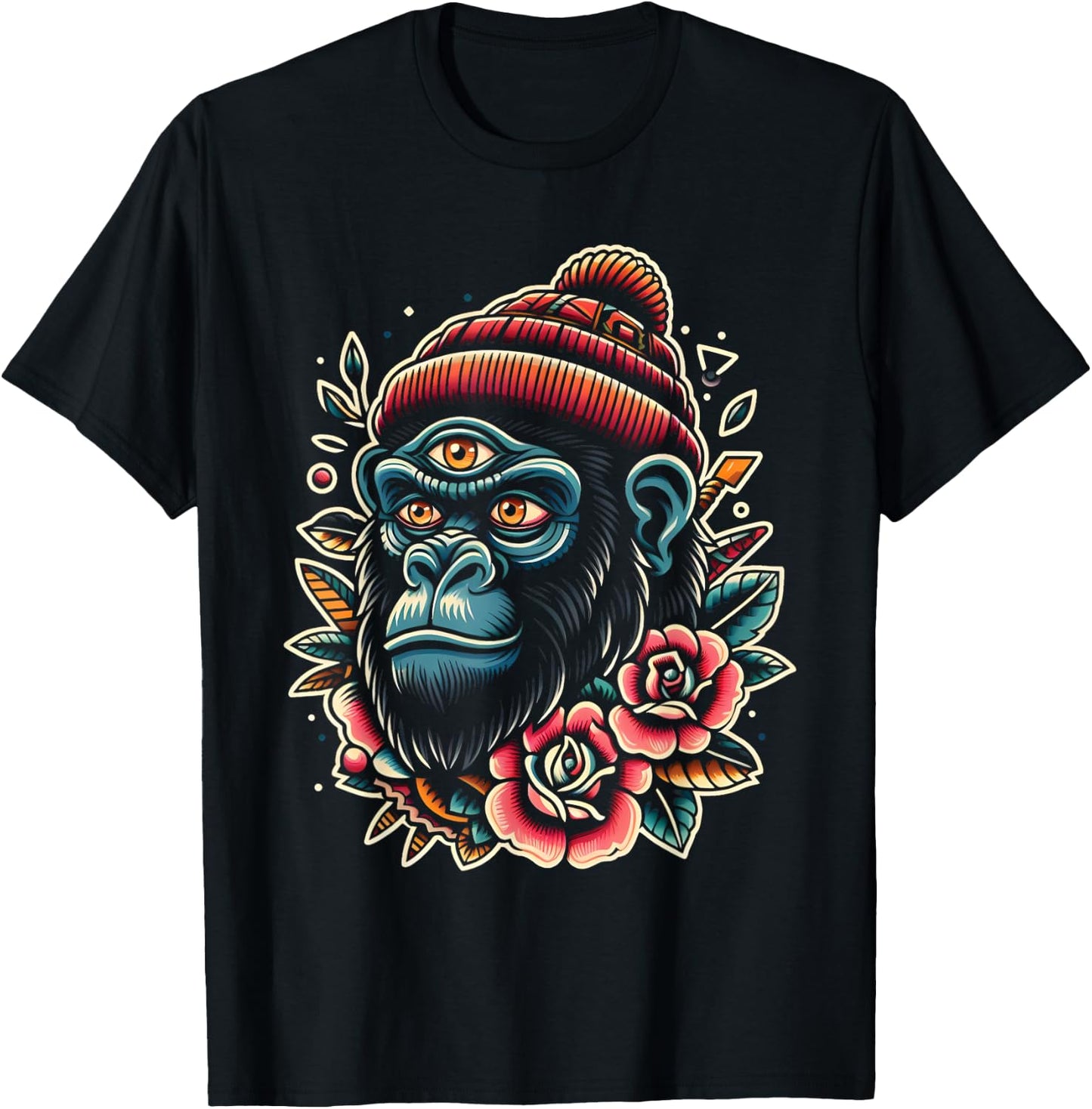 Three Eyed Gorilla Monkey Traditional Tattoo Artist Inked T-Shirt - T-Shirt | Black