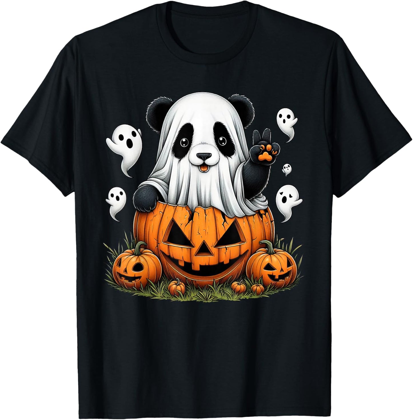 Funny Panda Ghost Boo Halloween Panda Kids T-Shirt - T-Shirt | Black