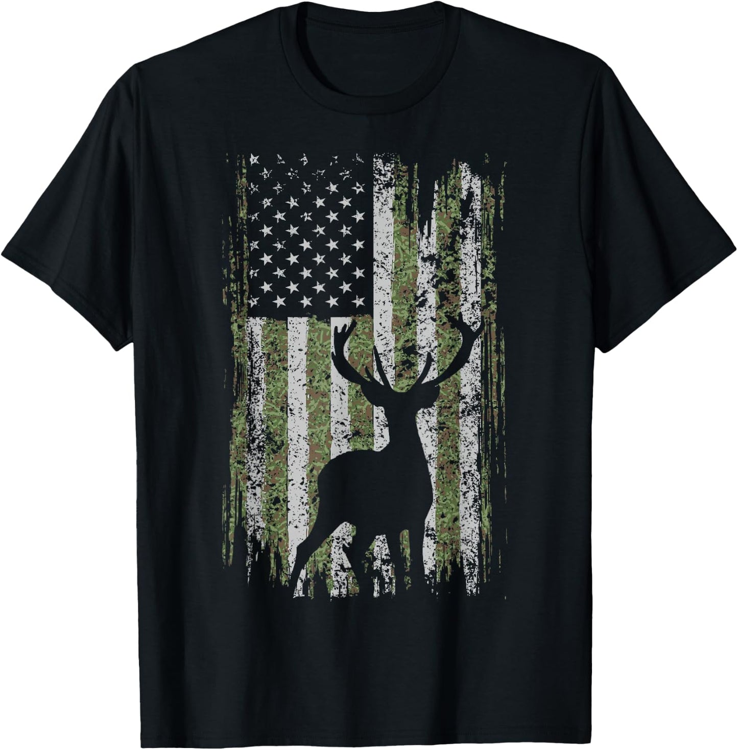 Camo USA Flag Deer Elk Buck Camoflage Hunting For a Hunter T-Shirt - T-Shirt | Black