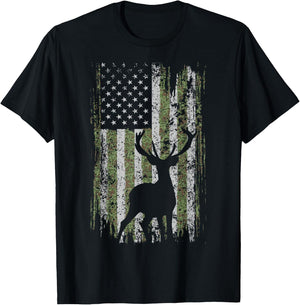 Camo USA Flag Deer Elk Buck Camoflage Hunting For a Hunter T-Shirt - T-Shirt | Black