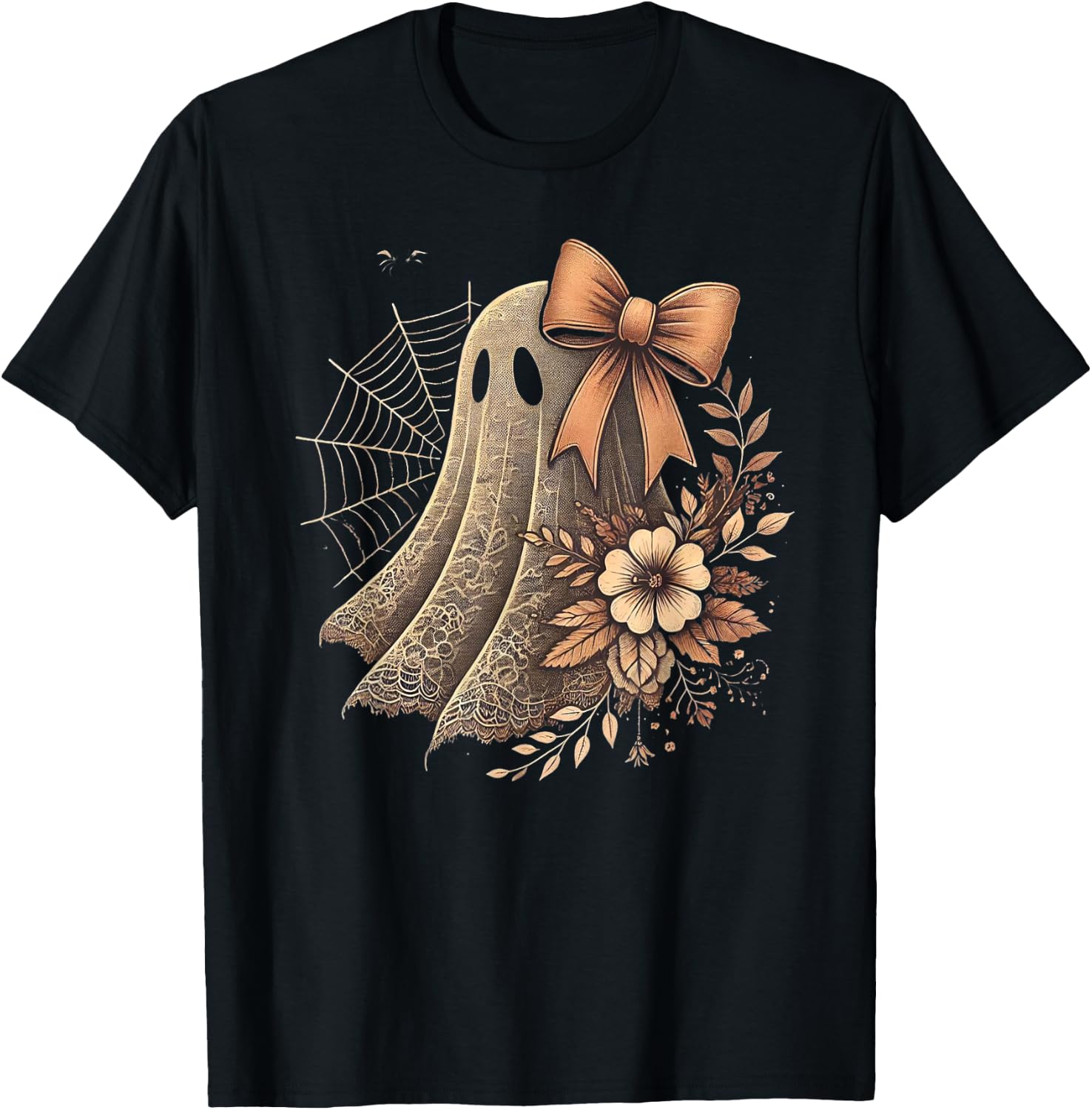 Cute Coquette Bow Ghost Halloween Flower Ghost Spooky Ghost T-Shirt - T-Shirt | Black