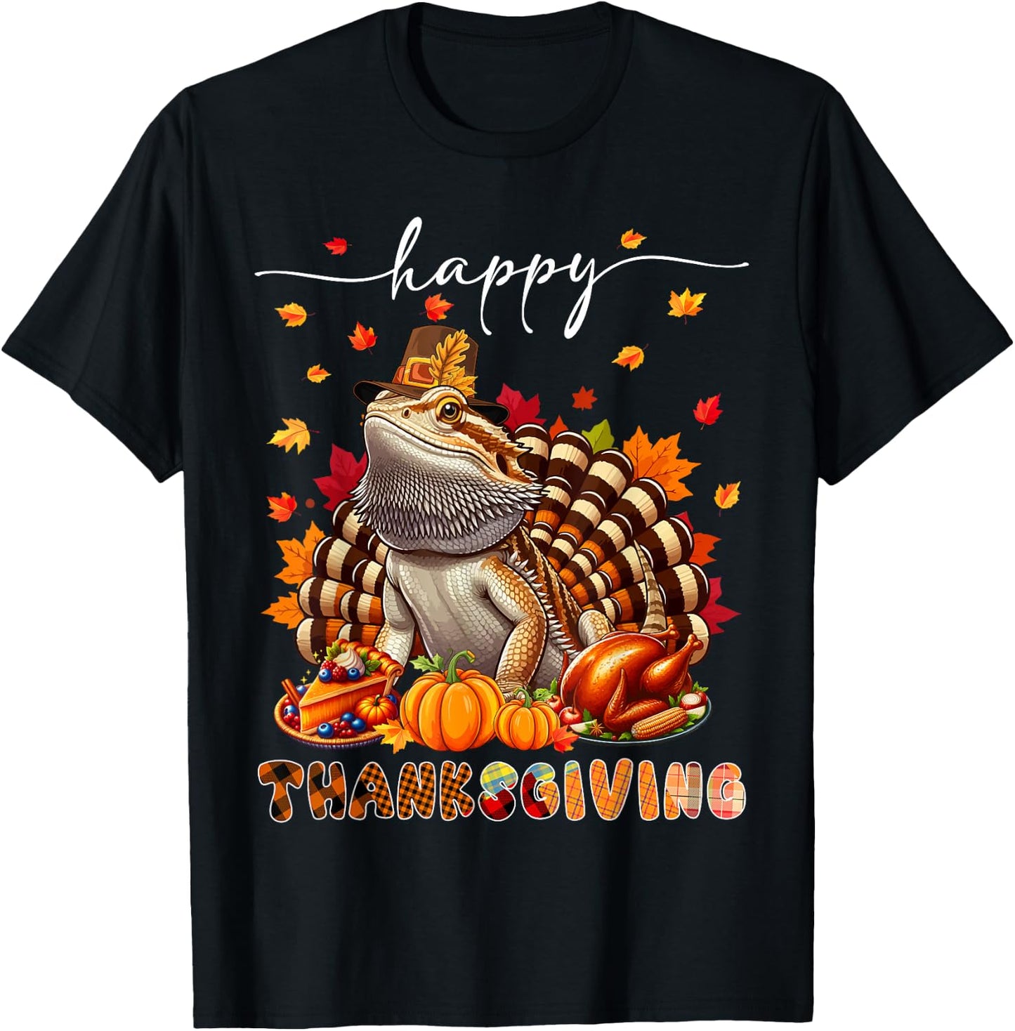 Wild Animal Thanksgiving Costume Happy Thanksgiving Bearded Dragon Turkey Fall Leaves T-Shirt - T-Shirt | Black