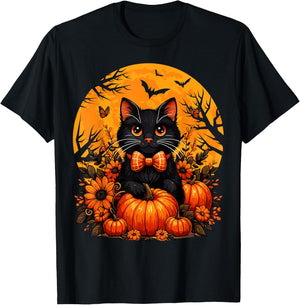 Retro Black Cat Fall Pumpkin Cute Halloween Cat Autumn T-Shirt - T-Shirt | Black