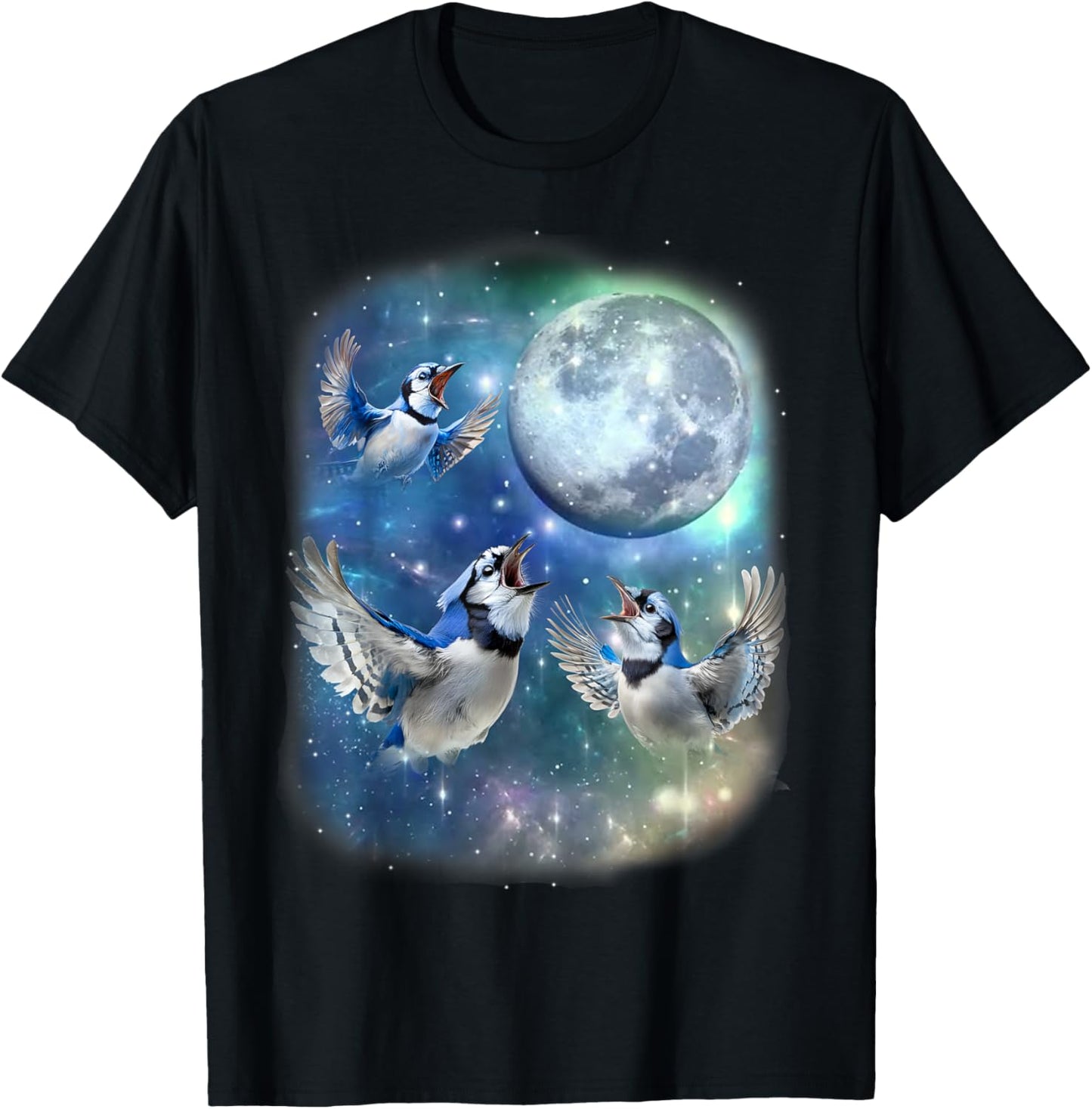 Three Blue Jay With The Moon Avian Birdwatching Birds Lover T-Shirt - T-Shirt | Black