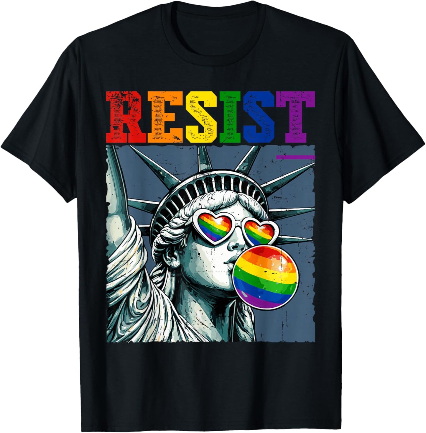 Resist Statue of Liberty Blowing Bubble Gum Rainbow LGBTQ T-Shirt - T-Shirt | Black