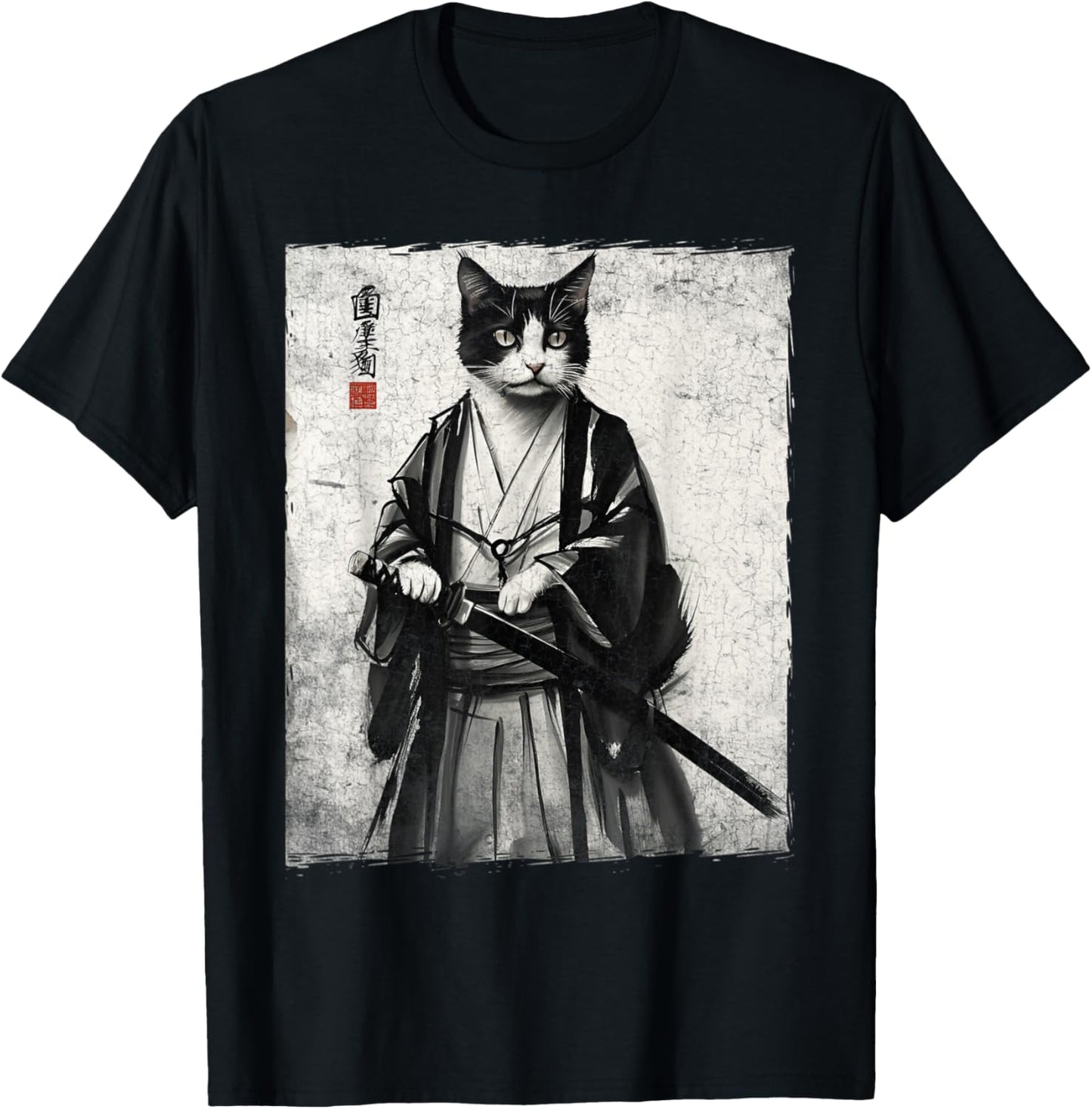 Samurai Cat Ukiyo-e Warrior Art Vintage Ninja Cat Graphic T-Shirt - T-Shirt | Black