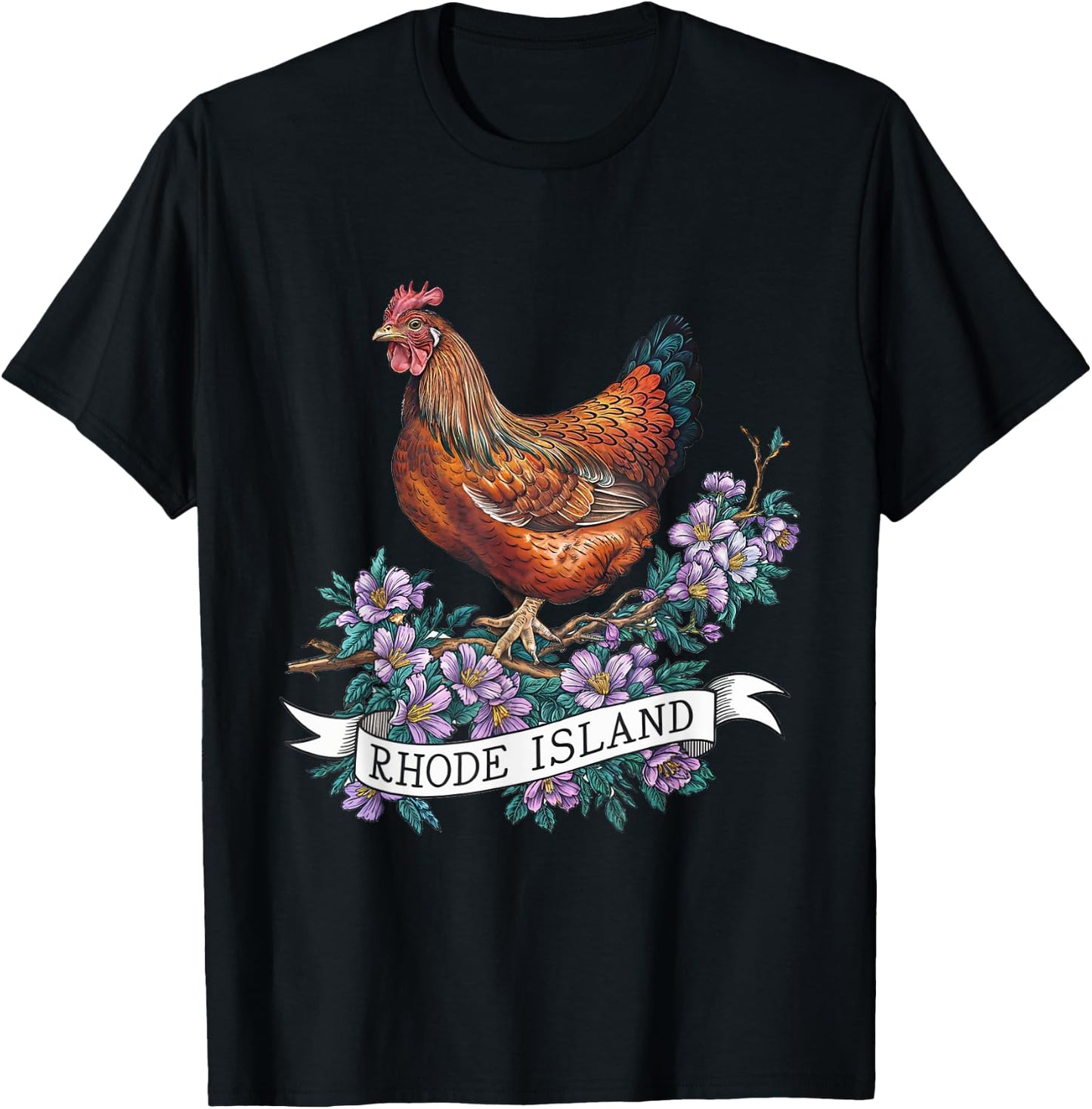 Rhode Island Red Chicken Bird and Violet Flower T-Shirt - T-Shirt | Black