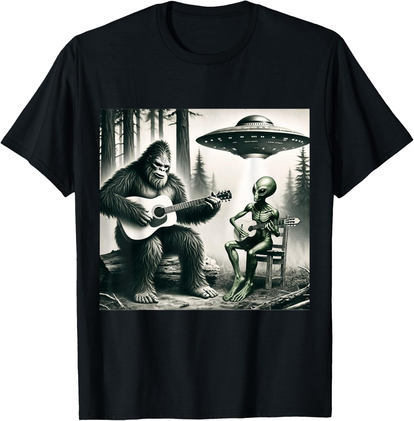 Funny Bigfoot And Alien Playing Electric Guitar. Bigfoot UFO T-Shirt - T-Shirt | Black