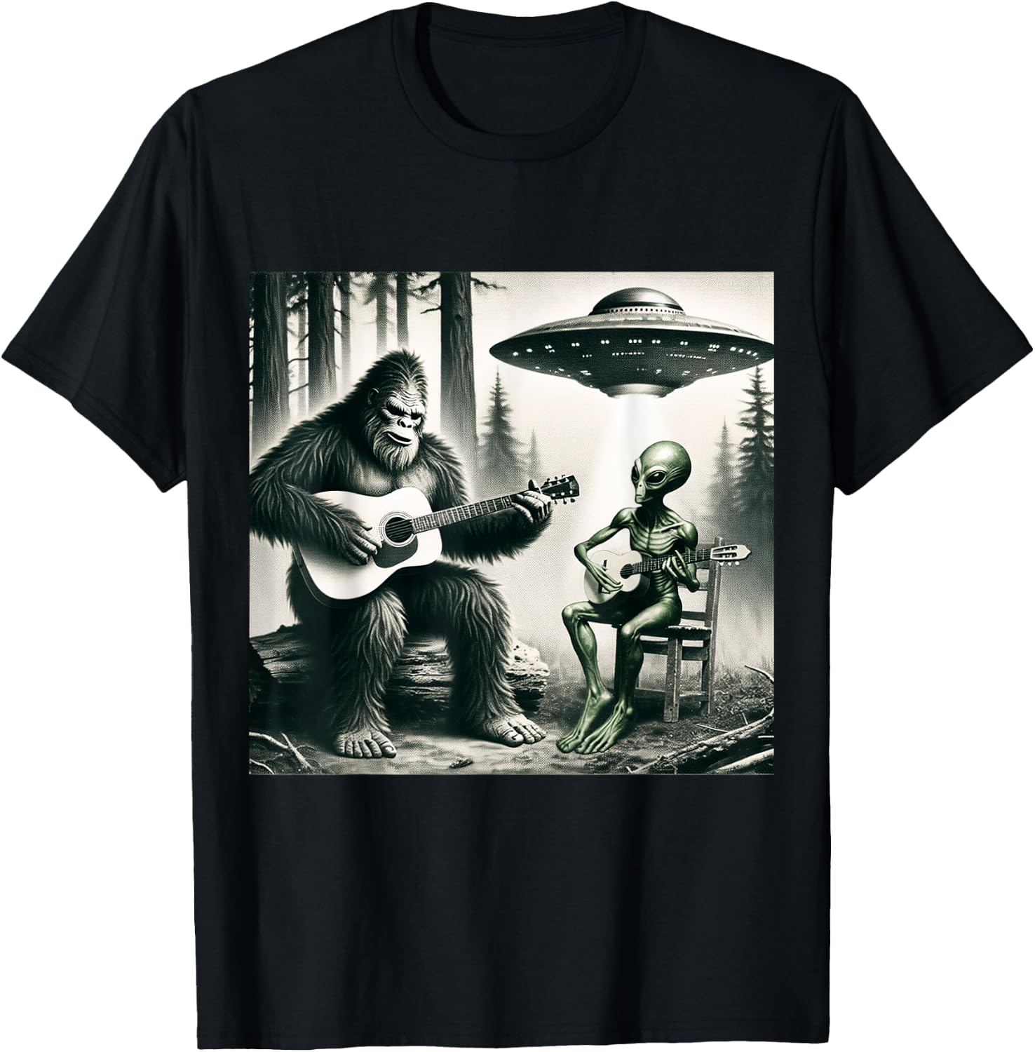 Funny Bigfoot And Alien Playing Electric Guitar. Bigfoot UFO T-Shirt - T-Shirt | Black