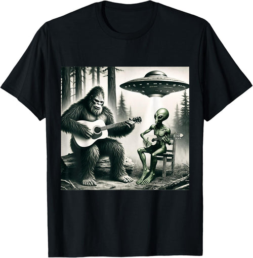 Funny Bigfoot And Alien Playing Electric Guitar. Bigfoot UFO