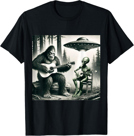 Funny Bigfoot And Alien Playing Electric Guitar. Bigfoot UFO T-Shirt - T-Shirt | Black