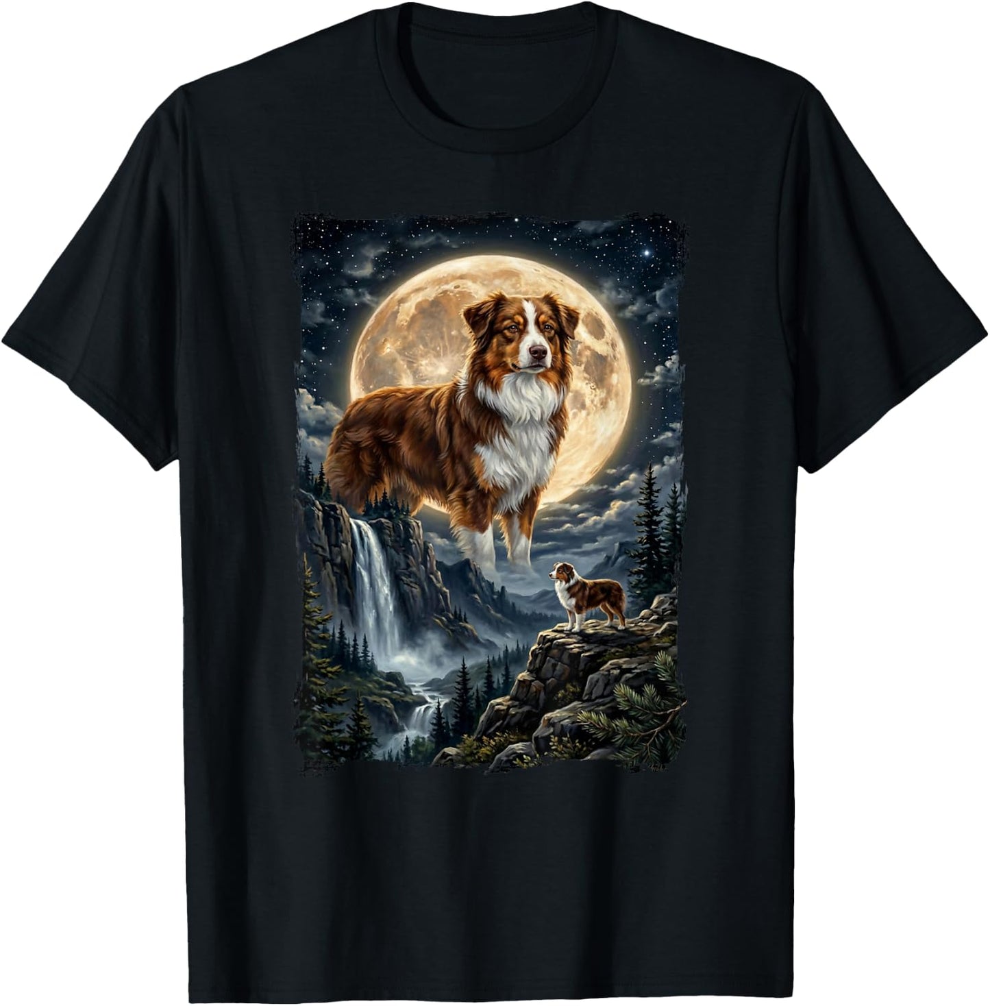 Mystik Fantasy Illustation Dog and Moon Australian Shepherd T-Shirt - T-Shirt | Black
