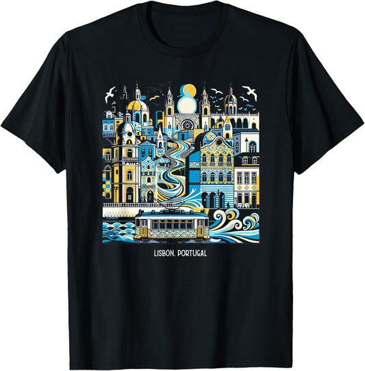 Lisbon Portugal Landscape Skyline International Travel T-Shirt - T-Shirt | Black