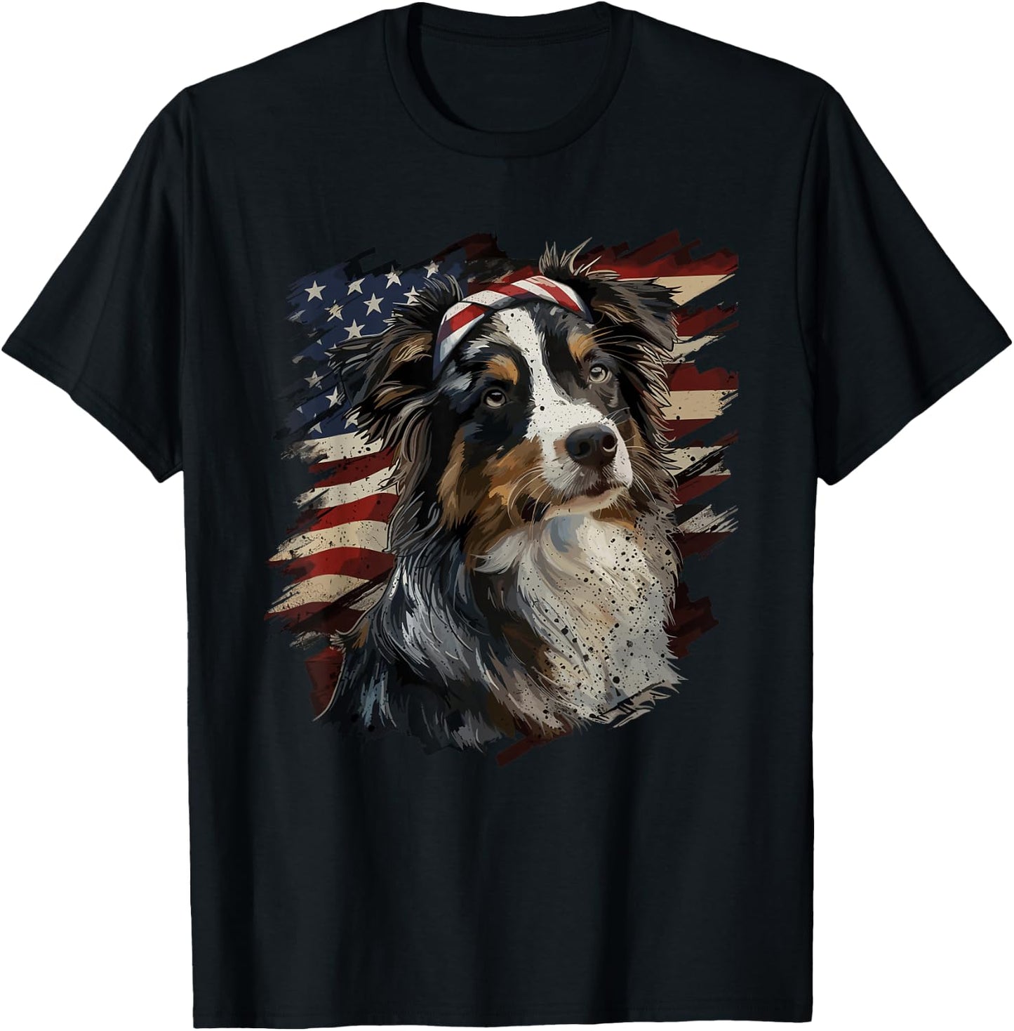Australian Shepherd Patriotic 4th of July USA American Flag T-Shirt - T-Shirt | Black