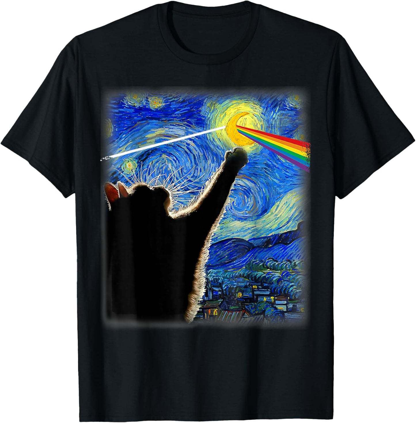 Cat Rock Music Cat Starry Night Van Gogh Art Funny Cat Gifts Women Kids T-Shirt - T-Shirt | Black