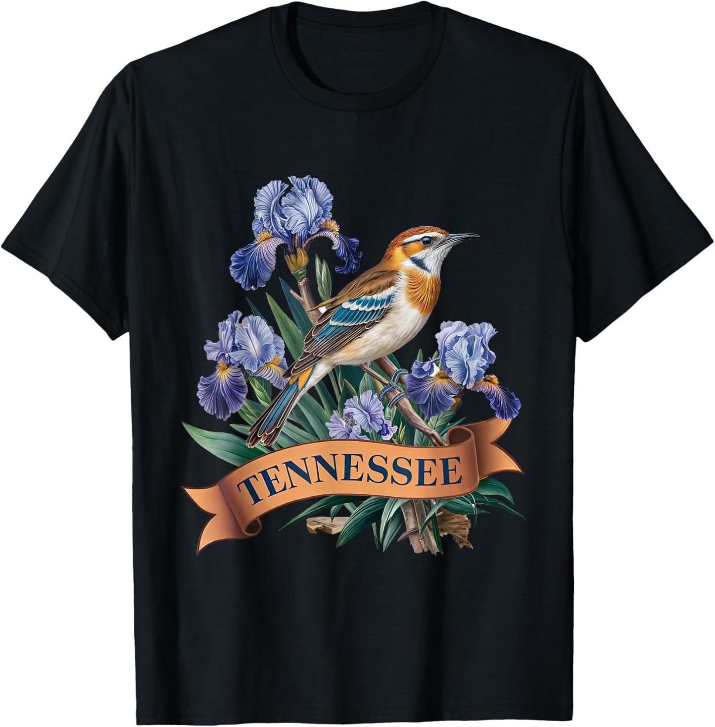 Tennessee Northern Mockingbird Bird and Iris Flower T-Shirt - T-Shirt | Black